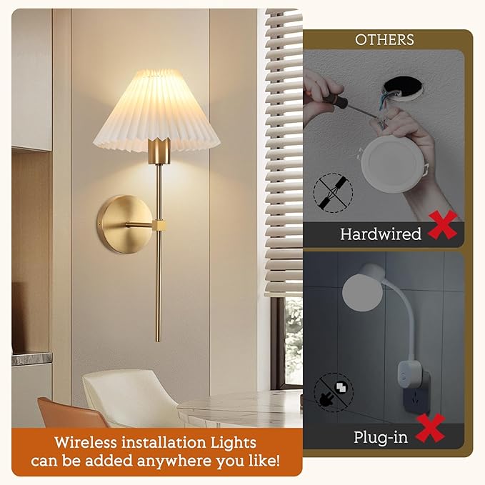 Wireless Wall Sconce Sets of 2, Pleated Shades Rechargeable Battery Operated Wall Sconce, Retro Industrial Gold Wall Lights Bathroom Vanity Sconces, Wall Mounted Lamps for Bedroom Living Room Kitchen - Bloomnest