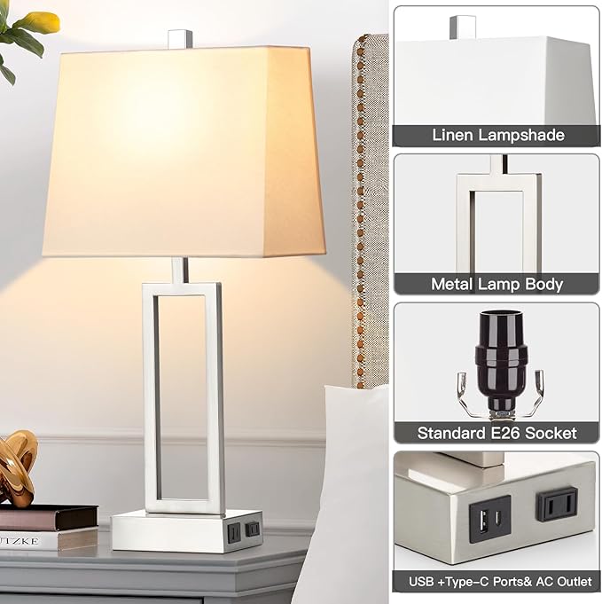 Touch Control Table Lamps for Living Room, 3-Way Dimmable Modern Table Lamp with USB A+C Charging Ports & AC Outlets, Bedside Contemporary Nightstand Desk Lamps with Fabric White Shade for Bedrooms - Bloomnest
