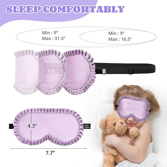 Kids Sleep Mask Eye Cover, 100% Real Mulberry Silk Sleep Mask with Adjustable Strap, Kids Blindfold for Sleeping, Boys Girls Eye Shade for Ages 5+, Soft and No Pressure (Purple) - Bloomnest