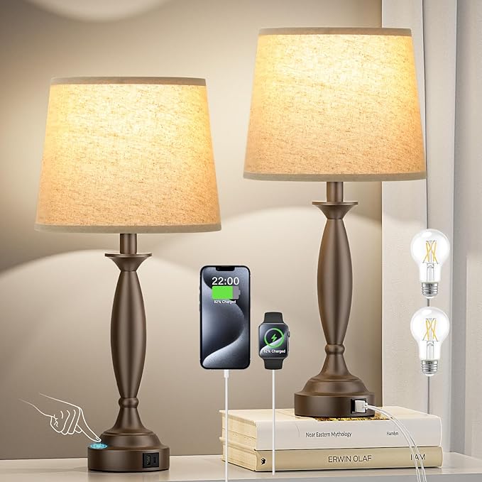 Beige Brown Lamps for Bedrooms Set of 2 - Touch Control Bedside Lamp with USB C+A, 3 Way Dimmable Nightstand Lamps with USB Port, Table Lamp for Living Room(Beige Shade and Brown Base) - Bloomnest