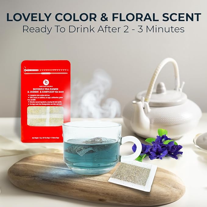 Butterfly Pea Flower Tea with Jasmine & Stevia - 55 Count (+5 Tea Bags) - 4.44 oz, Bamboo Tong, No Sugar Added & No Additives, Re-Steep Natural Herbal Tea Blend for Skin,Support - Bloomnest