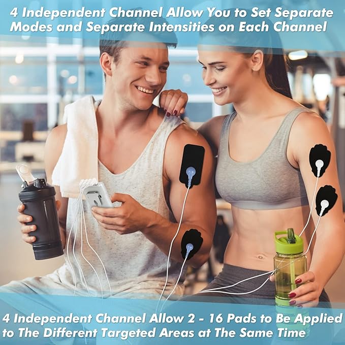 Belifu 4 Channel TENS EMS Unit – 24 Massage Modes & 30 Intensity Levels, Rechargeable Electric Pulse Muscle Stimulator with 10 Pads & 5 Lead Wires for Pain Relief & Therapy, Color Silver Belifu
