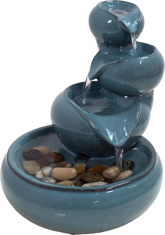 Sunnydaze Tiered Vessels Ceramic Tabletop Water Fountain - Relaxing Indoor Fountain for Office, Bedroom, or Living Room - Teal