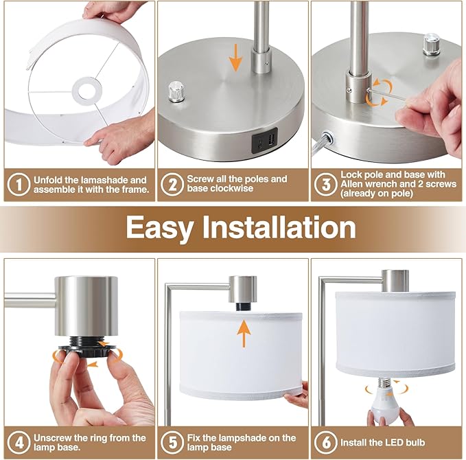 Luvkczc Table Lamps for Living Room with USB C+A Ports - Fully Stepless Dimmable Bedsides Lamp with Linen Lampshade, Lamps for Night Stands Bedroom Reading Office, 2 LED Bulbs Included (Silver) - Bloomnest