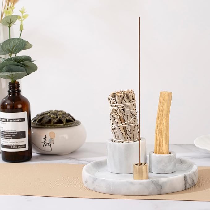 4 in 1 Marble Incense Holder, Natural Marble Incense Burner for Meditation, 9 Incense Holes Suitable for Most Incense Types (White) - Bloomnest