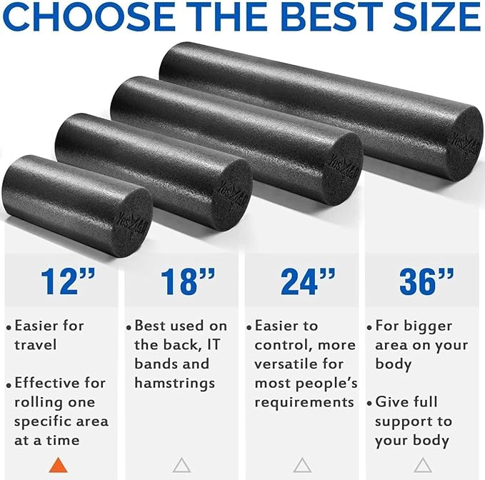 Yes4All Medium Firm Round PE Foam Roller 12, 18, 24, 36 Inches for Pilates, Yoga, Stretching, Balance & Core Exercises - Bloomnest