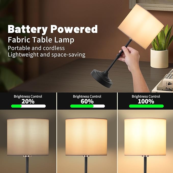 Portable Cordless Table Lamp,Built-in 5200mAH Rechargeable Battery, Dimmable Touch Wireless Light, Bed Side Metal Desk Lamp，Restaurant/Bedroom/Bar/Coffee/Night Light (Blcak) - Bloomnest