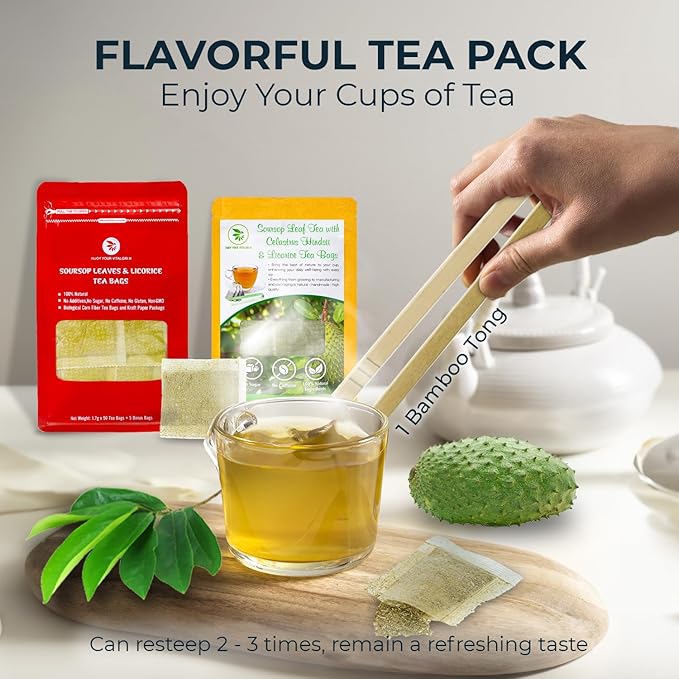 Graviola Soursop Leaf Tea Samplers with Celastrus Hindsii & Licorice - 10 Count + Bamboo Tong, Corn Based Tea Bags, Natural Herbal Tea for Comfort Relax, Re-Steep Hoja De Guanabana - Bloomnest
