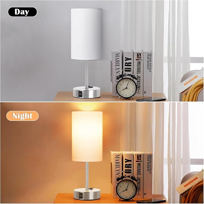 ZJOJO Table Lamp for Bedroom Set of 2, Bedside Small Lamps with 3 Way Dimmable Rocker Switch and AC Outlet, Nightstand Desk Lamp with White Fabric Shade Nickel Base for Living Room Home Decor Lights - Bloomnest