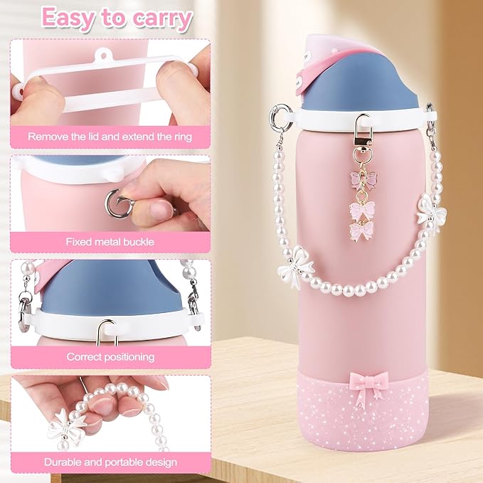 Water Bottle Accessories Set for Owala FreeSip 24oz、32 oz– Includes Pearl Handle Strap, Bow Charms,2.9in .3inch Silicone Bling Boot for Owala Accessories for Women Bloomnest