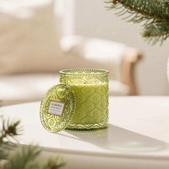 LA JOLIE MUSE Starlit Golden Fir Candle - Cedarwood, Patchouli, Fir Balsam | 6 oz Natural Soy Wax | 40 Hours Clean Burn | Balsam and Fir Candle | Gift-Ready for Hosts & Gatherings - Bloomnest