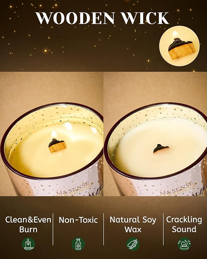 M&SENSE Cinnamon Apple Holiday Candles for Home Scented, 18oz 100 Hours Large Christmas Candle Soy Wax Cracking Wooden Wick, Aromatherapy Gifts for Housewarming Bedroom, Warm Cozy Winter Decor - Bloomnest