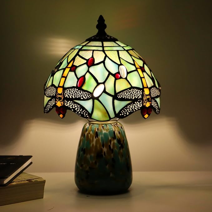 Tiffany Mushroom Table Lamp Dragonfly Style Blue Stained Glass Accent Lamp Brown Blue Glass Base 8X8X12 Inch - Bloomnest