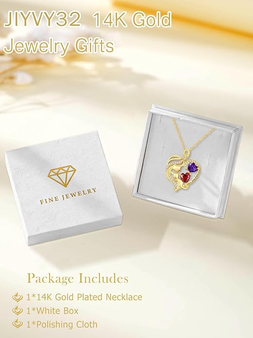 14K Gold Double Birthstone Heart Necklace for Women Mom, Mother Son/Daughter Pendant Necklace for Christmas Mother's Day Birthday Gifts for Wife Daughter Grandmom - Bloomnest