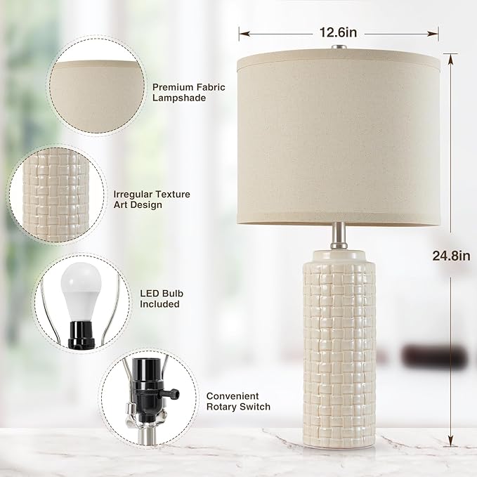 Luvkczc 24.8" Modern Ceramic Bedside Lamp Set of 2, 3 Color Temperature&Bulbs Included - Farmhouse Nightstand Lamps for Living Room Bedroom End Table Office Entryway - Bloomnest
