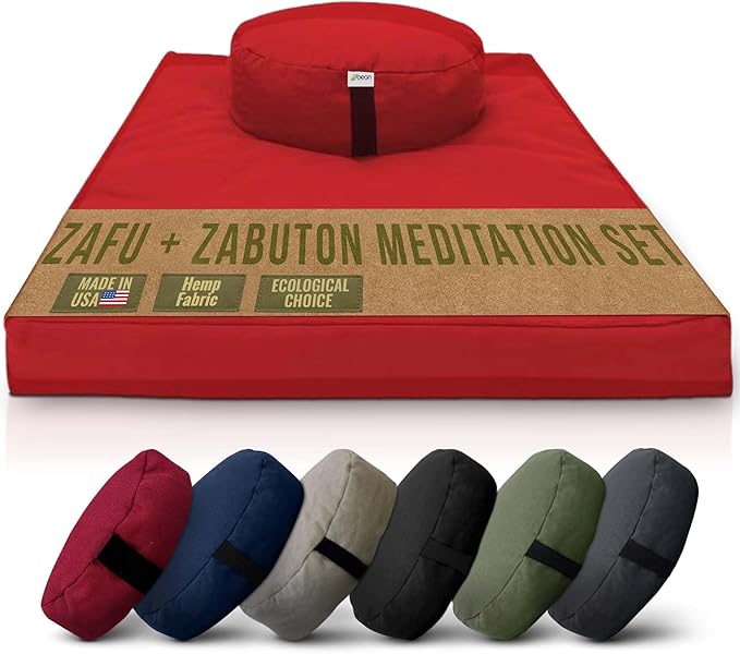 Meditation Cushion Mat Set HEMP- Large Oval Zafu Floor Pillow Organic Buckwheat Pillow + Cotton Filled HEMP Zabuton Prayer Pad - Meditation Pillow Yoga Knee Pad, Made in USA - 18" Oval, CRANBERRY Hemp - Bloomnest