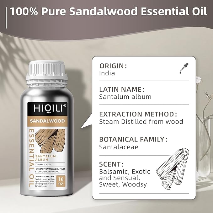 HIQILI Sandalwood Essential Oils, Long-Lasting Scent for Perfume, Diffuser, Soap Making & Candle- 16 Fl Oz - Bloomnest