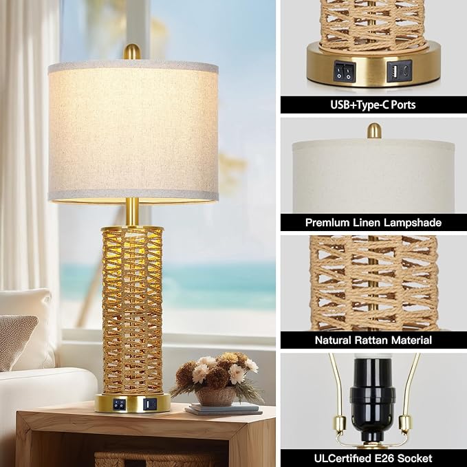 27" Natural Rattan Table Lamps Set of 2, Boho Bedside Lamp for Bedroom with Night Light, Woven Wicker Nightstand Lamps with 2 USB Ports & AC Outlet, Tall Farmhouse Living Room Lamp, Gold - Bloomnest