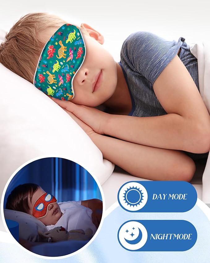 Sleep Mask for Kids - Cute Kawaii Cartoon Silk Sleeping Mask with Adjustable Strap Soft Smooth Light Eye Mask for Sleeping Silk Kids Eye Cover for Boys Girls Teens, Green Dinosaur - Bloomnest
