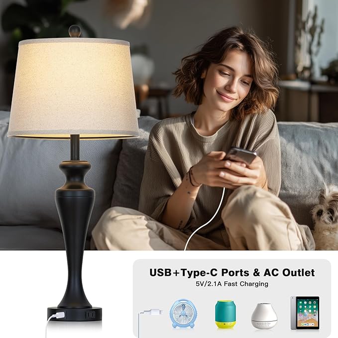 30 Inch Black Table Lamp Single, 3-Way Dimmable Touch Control Living Room Lamps with USB A+C Ports and AC Outlet, Tall Bedside Lamps for Nightstand, Modern Metal Bedroom Lamp, Bulb Included - Bloomnest