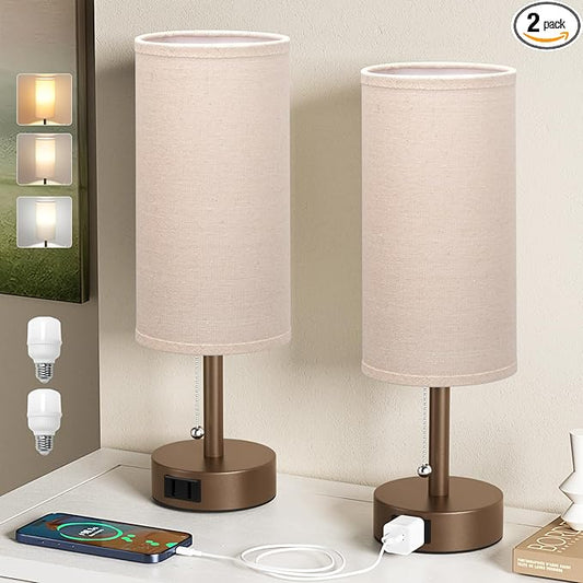 Fenmzee Brown Bedside Table Lamps Set of 2-3 Color Temperatures Pull Chain Lamp with AC Outlet Charging Port, Small Round Night Stand Lamps for Bedroom, Bed Side Light with E26 LED Bulbs - Bloomnest