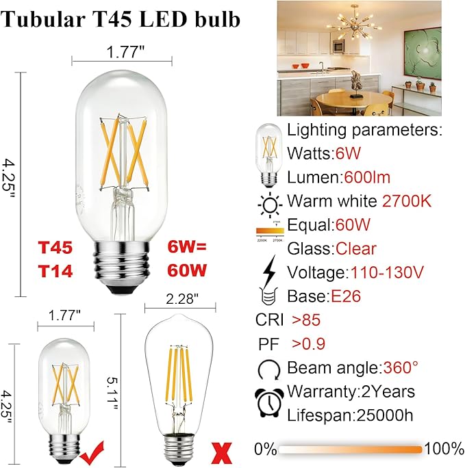 LiteHistory E26 LED Bulb 6W Equivalent e26 led Bulb 60 Watt Dimmable Warm White 2700K E26 Edison Bulb AC120V 600lm Tubular T14 T45 LED Bulb for Pendant, Sputnik,Vanity,Chandeliers Pack of 6 - Bloomnest