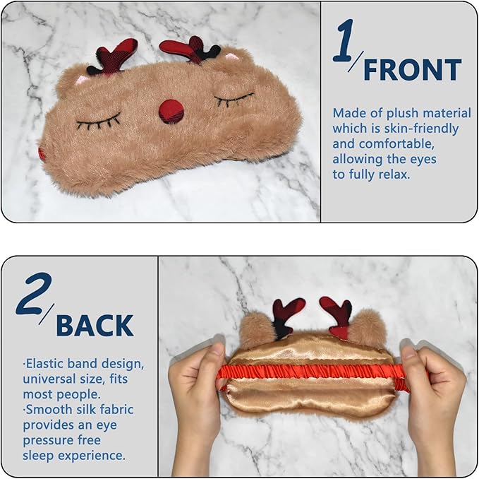 Cute Animal Sleeping Mask Sleep Mask, Xmas Reindeer Soft Plush Eye Mask for Travel Nap Funny Rudolph Blindfold Eye Cover Eyeshade for Adult Kids Girls Teens Men Women - Reindeer, Red & Brown - Bloomnest