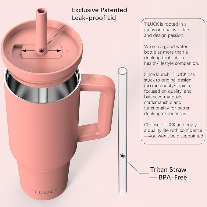 TILUCK 40 oz Tumbler with Handle, Vacuum Insulated Stainless Steel Travel Mug with 100% Leak-Proof Silicone Straw Lid, Cupholder Friendly Water Bottle(CoralRed, 40oz) - Bloomnest