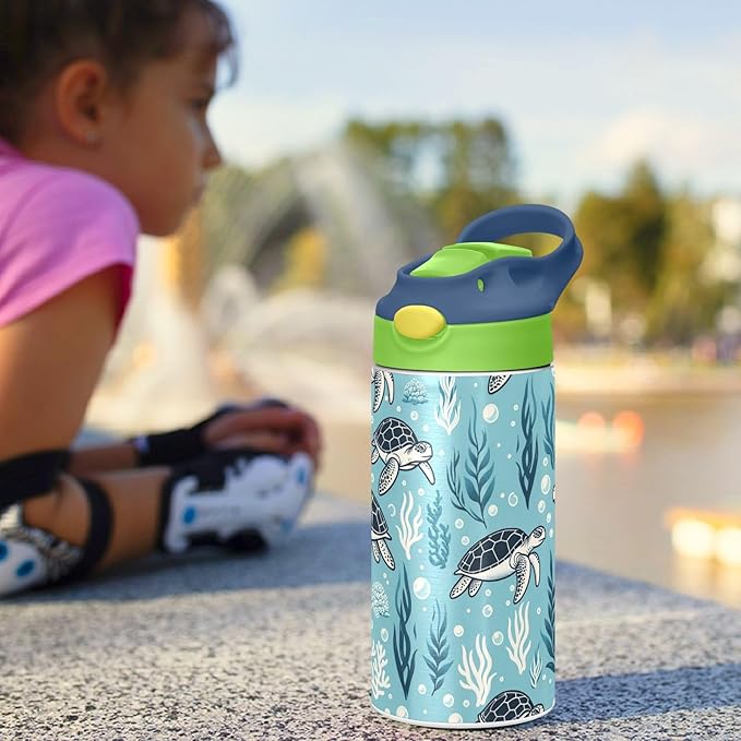 Turtle Water Bottle with Straw Lid Kids Blue Ocean Insulated Tumbler with Handle Stainless Steel Reusable Toddlers Cup for Kids Boys 12 oz - Bloomnest