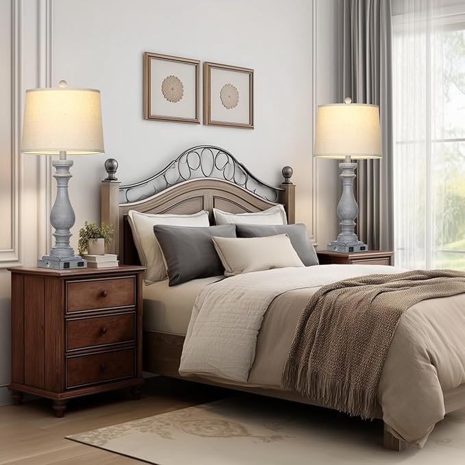 29" Tall Farmhouse Table Lamp for Living Room Set of 2,Vintage Retro Nightstand Lamps with USB C+A Ports & AC Outlet,3-Way Dimmable Touch Bedside Lamp for Bedroom Side Table,Light Grey - Bloomnest