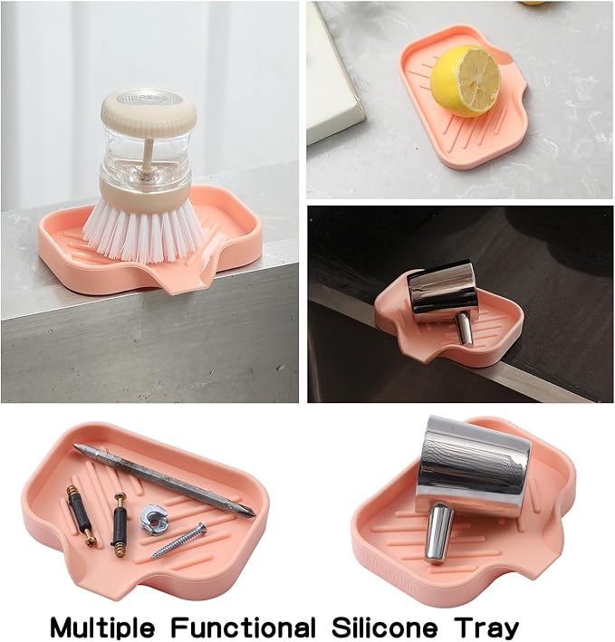Silicone Bathroom Soap Dishes with Drain Spout-Bathroom and Kitchen Sink Organizer,Sponge Holder,Dish Soap Tray,Perfect for Dispenser,Scrubber,Bottle,Cup on Sink or Counter-Pink 4.9"×3.2" - Bloomnest
