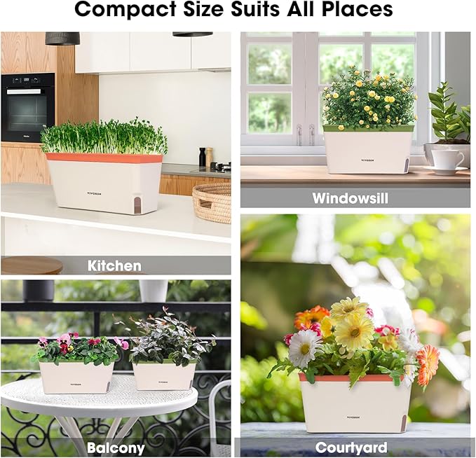VIVOSUN Self-Watering Planters, 4-Pack 10.5 Inch Compact Rectangular Window Herb Planter Box with 10 PCS Plant Labels, Plant Container for Basil, Flowers, Succulents, Indoor & Outdoor - Bloomnest