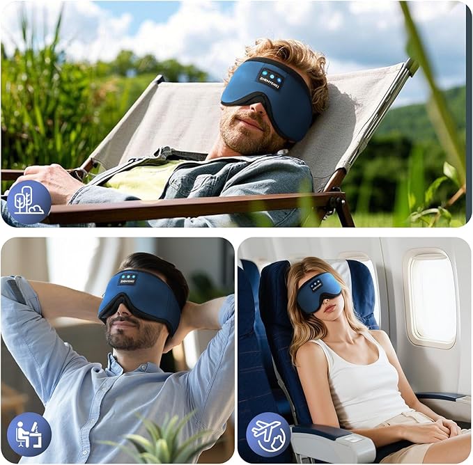 3D Sleep Mask with Bluetooth Headphones, Sleeping Headphones for Side Sleepers, Wireless Music Eye Mask with Ultra-Thin Stereo Speakers for Men, Women, Tech Gifts, Deep Blue - Bloomnest