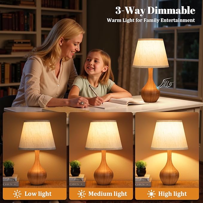 Seealle Touch Table Lamp for Bedroom, 3-Way Dimmable Small Bedside Lamps for Night Stands with Wires, Wood Desk Lamp for Kids Room, Office, Living Room, End Table(LED Bulb Included) - Bloomnest
