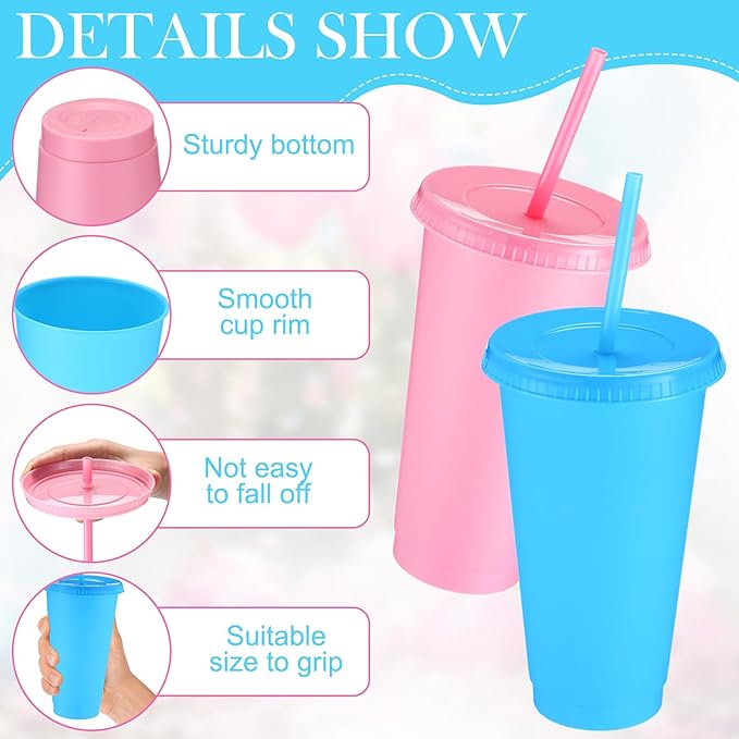 Honeydak 30 Pack Tumbler with Straw and Lid Bulk Water Bottle Iced Coffee Travel Mug Cup Reusable Plastic Cups for Party Birthdays 24-27 oz (Pink and Blue Color) - Bloomnest