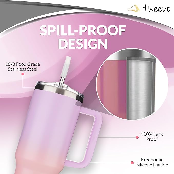 40 oz Tumbler With Handle and Straw Made of Stainless Steel - Double Wall Vacuum Insulated Tumbler With Lid - Sweat Proof Easy Grip, BPA-Free, Dishwasher Safe Tumbler (Gradient Purple) - Bloomnest