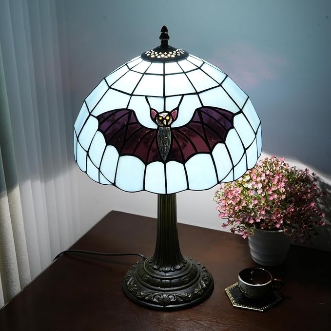 Tiffany Lamp Ocean Blue Bat Stained Glass Table Lamp 12" X19" Handmade Coastal Decor LED Ready Perfect for Beach House Bedroom Halloween Gift Living Room,bedroom, Bedside Corner Reading end Table Lamp - Bloomnest
