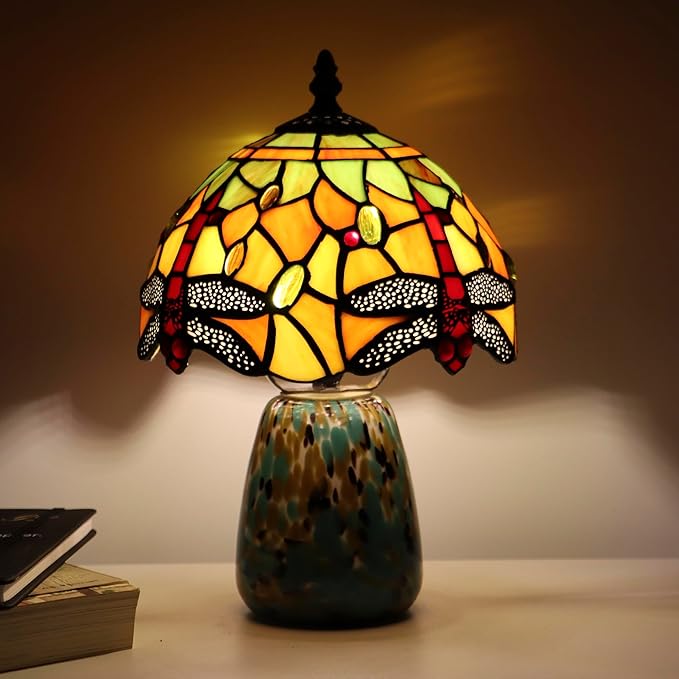 Tiffany Mushroom Table Lamp Dragonfly Style Yellow Stained Glass Accent Lamp Brown Blue Glass Base 8X8X12 Inch - Bloomnest