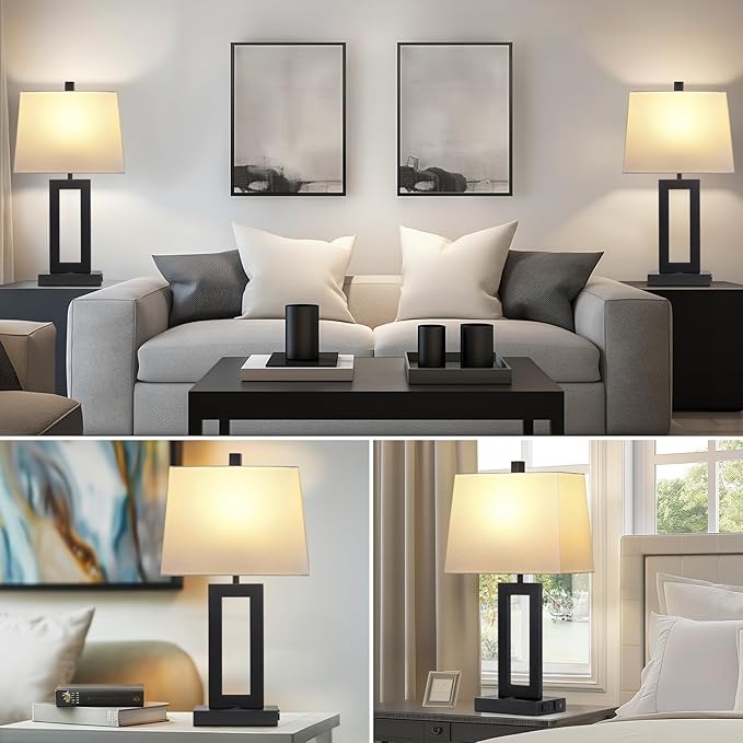 Table Lamp Set of 2 with USB C+A Ports & AC Outlet, Bedside Lamps, Modern Bedroom Lamps, Black Lamps for Night Stands Bedroom Living Room,Nightstand Lamp - Bloomnest