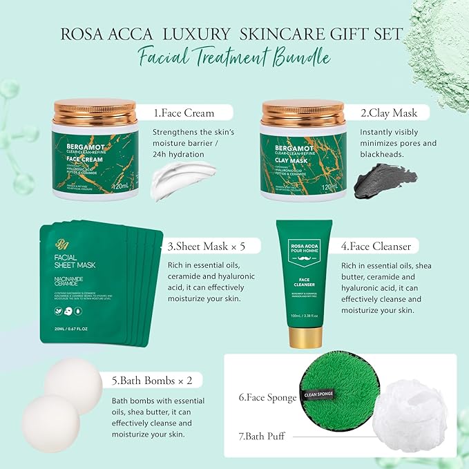 Valentines Day Gifts for Men, 30 Pcs Men Bergamot Facial Skin Care Set, Beard Grooming Kit, Spa and Bath, Self-Care Gift, Face Cleanser, Beard Oil, Serum, Parfume, Birthday, Christmas, Husband, Dad