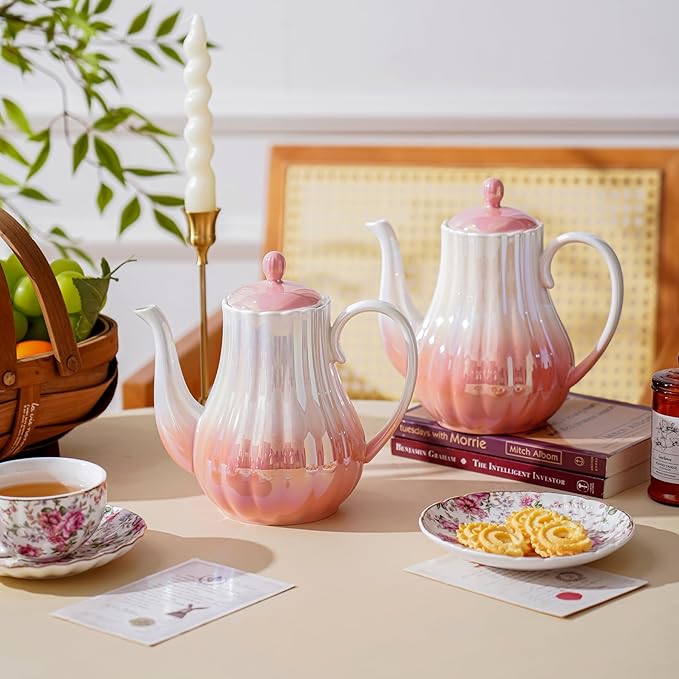 Tea Pot, Porcelain Teapot 37oz,tea pots for tea party,Tea Sets(Gradient pink)