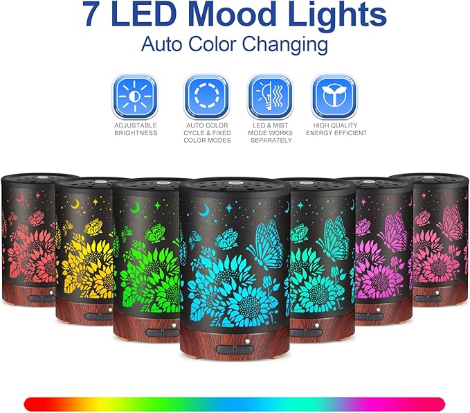 Essential Oil Diffuser- Aromatherapy Diffuser with7 Colors Light and Auto-Off for Women Metal Cool Mist Humidifier for Home and Office for Mom Women（Sunflower + Butterfly） - Bloomnest
