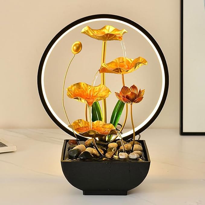 Tabletop Water Fountain Lotus Leaf Indoor Waterfall Fountain, 15 in USB Powered Tabletop Lotus Water Fountains with 1 Replacement Water Pump (Gold Large) - Bloomnest