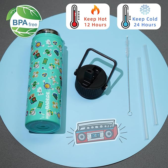 BJPKPK Insulated Water Bottle with Straw Lid, 22 oz Stainless Steel Metal Water Bottles, Reusable Leak Proof BPA Free Water Bottles, Cups, Thermo, Playground - Bloomnest
