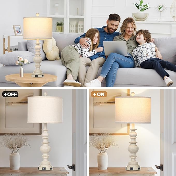 27.5" Farmhouse Table Lamps Set of 2, Rustic Living Room Lamps with USB C+A Ports & AC Outlet, Vintage Bedside Lamps with Linen Shade, Tradition Bedroom Lamps for Nightstand Side End Table Desk, Beige - Bloomnest