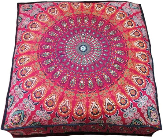 INDIAN CRAFT CASTLE 24" Red Peacock Mandala Barmeri Large Floor Pillow Cover Cushion Meditation Seating Ottoman Throw Cover Hippie Decorative Zipped Bohemian Pouf Ottoman Pom Pom Cases 24" Square - Bloomnest