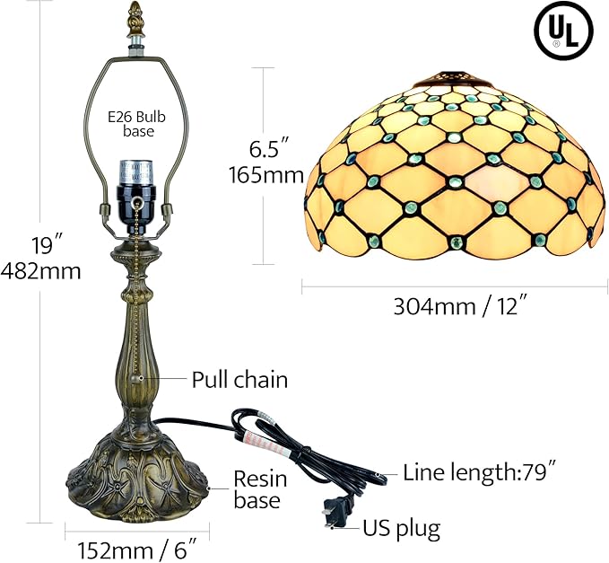 Tiffany Lamp Vintage White Grey Stained Glass Bead Table Lamp Desk Bedside Reading Light Decor Bedroom Living Room Home Office D12*H18 Inches - Bloomnest