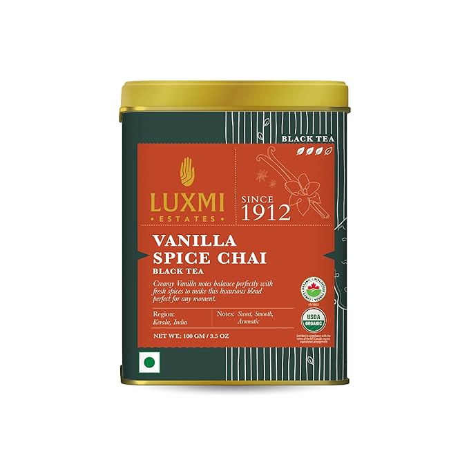 LUXMI Estates Vanilla Spice Chai 100Gm Loose Leaf Tin | Certified Organic Black Tea Leaf | Smooth, Flavorful, Robust, Caffeinated | Darjeeling & Assam Tea From India, 100 grams - Bloomnest