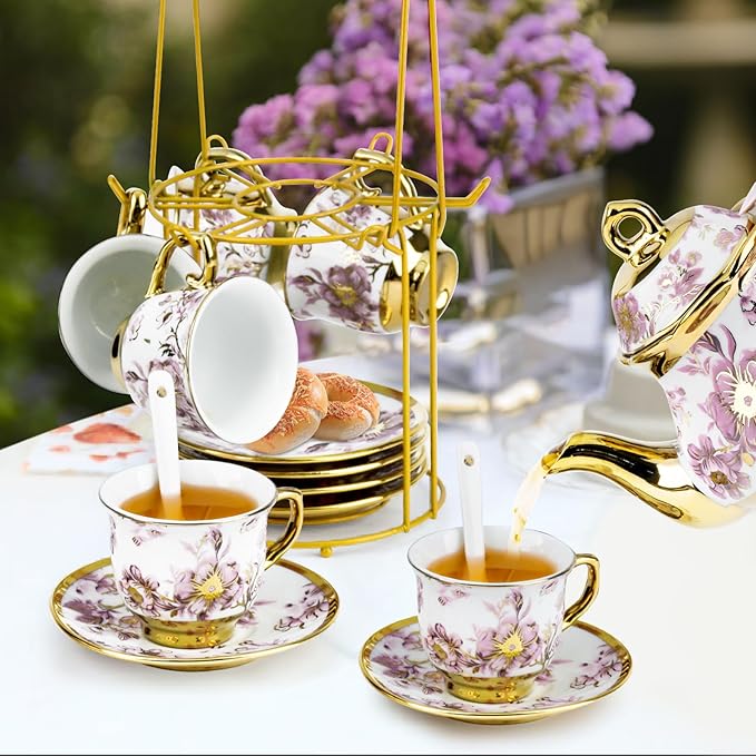 20 Pcs Porcelain Tea Set with Metal Holder, European Ceramic Tea Set for Adults, Adult Tea Set Gift, Flower Tea Cup Saucer Set for Party With Gold Flower Painting (Elegant Purple) - Bloomnest