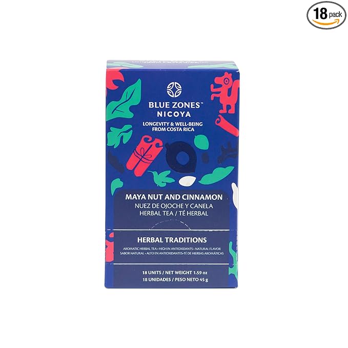 Blue Zones Nicoya - Maya Nut & Cinnamon Flavored Tea Bags - 100% Natural, Organic, and Refreshing - High Micronutrients - Gluten, Caffeine, Sugar-Free - Pack of 18 (1.59 oz/ 45 g) - Bloomnest